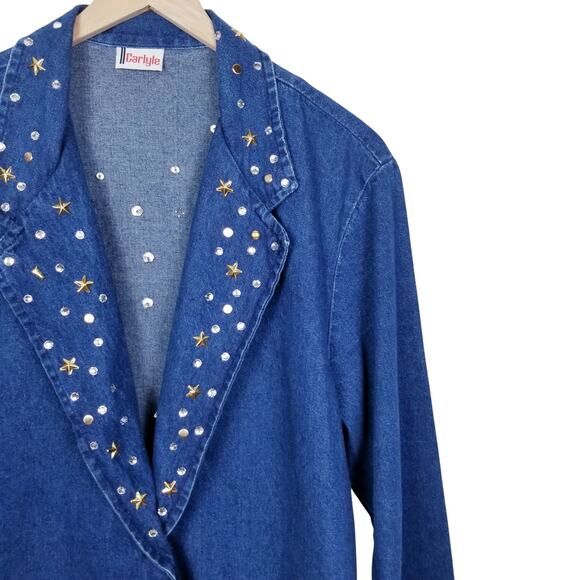 *Vintage* CARLYLE Two Button Bejeweled Denim Blazer Stars & Gems - XL - Picture 2 of 7